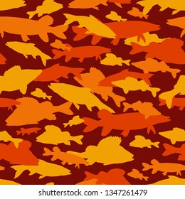 Seamless vector pattern of fishing camouflage. Orange red camo of freshwater fish