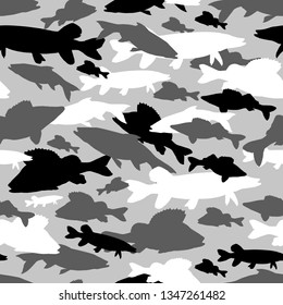 Seamless vector pattern of fishing camouflage. Grey black camo of freshwater fish