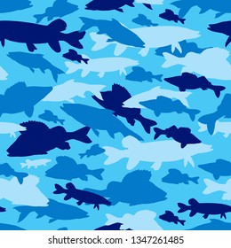 Seamless vector pattern of fishing camouflage. Blue camo of freshwater fish