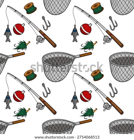 Seamless vector pattern of fishing gear, including rods, nets, hooks, and lures, on a white background.