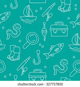 Seamless vector pattern of fishing icons on blue-green background, painted by hand.