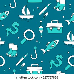 Seamless vector pattern of fishing icons on a dark blue background, painted by hand.