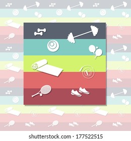 Seamless vector pattern with fitness icons. Colorful stripes, white objects with shadows.