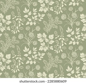 Seamless vector pattern with five herbs: lovage, parsley, rosemary, chives and mint. svg
