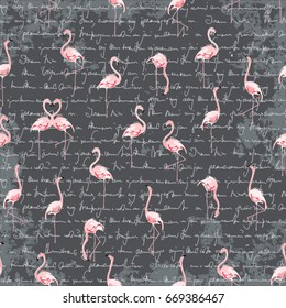 Seamless vector pattern with flamingo flock on dark grey grunge background with imitation of handwritten text. Text unreadable and contains no foreign language.