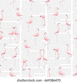 Seamless vector pattern with flamingo flock on white background with imitation of text in newspaper columns. Text unreadable and contains no foreign language.
