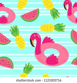 Seamless vector pattern with flamingo, pineapple and watermelon.