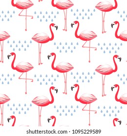 Seamless vector pattern with flamingo pink bird.