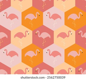 Seamless Vector Pattern of Flamingos in Hexagons with Pink and Orange Tones