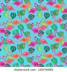 Seamless Vector Pattern with Flamingos and Other Summer Themed Elements