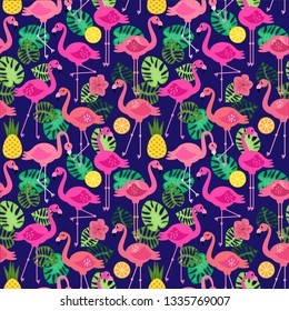 Seamless Vector Pattern with Flamingos and Other Summer Themed Elements