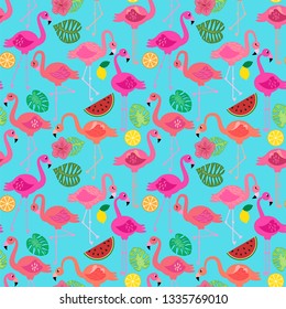 Seamless Vector Pattern with Flamingos and Other Summer Themed Elements