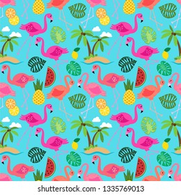 Seamless Vector Pattern with Flamingos and Other Summer Themed Elements
