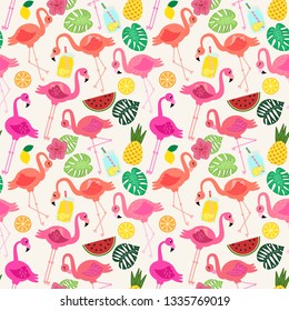 Seamless Vector Pattern with Flamingos and Other Summer Themed Elements