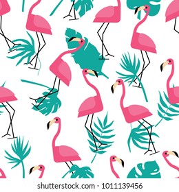 seamless vector pattern with flamingos and tropical leaves