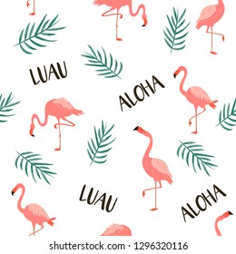 Seamless vector pattern with flamingos and tropical leaves. Suitable for fabric, textile prints, gift box wrapping