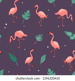 Seamless vector pattern with flamingos and tropical leaves. Suitable for fabric, textile prints, gift box wrapping