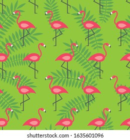 Seamless vector pattern with flamingos and tropical leaves on bright green background. Modern concept for fabric and paper, surface textures.