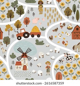 Seamless vector pattern in flat cartoon style. Features a playful farm scene with barn, shed, windmill, tractor, cows, horses, sheep, and trees. Isolated on white. Perfect for kids’ design and decor.