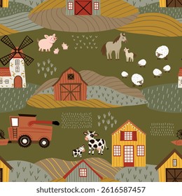 Seamless vector pattern in flat cartoon style. Features a playful farm scene with barn, shed, windmill, tractor, cows, horses, sheep, and trees. Isolated on white. Perfect for kids’ design and decor.