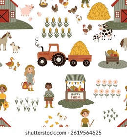 Seamless vector pattern in flat cartoon style. Farm scene with barn, shed, windmill, tractor, cows, horses, sheep, and trees. Isolated on white background. Perfect for kids’ designs, fabrics