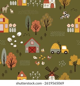 Seamless vector pattern in flat cartoon style. Farm scene with barn, shed, windmill, tractor, cows, horses, sheep, and trees on a green background. Perfect for kids’ designs, textiles