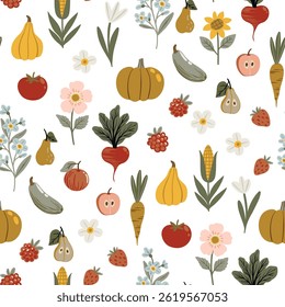 Seamless vector pattern in flat cartoon style. Colorful pumpkins, pears, apples, strawberries, zucchinis, tomatoes, raspberries, and corn cobs on a white background. Perfect for kids' designs 