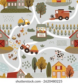 Seamless vector pattern in flat cartoon style featuring a playful farm scene with barn, shed, windmill, tractor, cows, horses, sheep, and trees on white. Ideal for kids' design and decor.