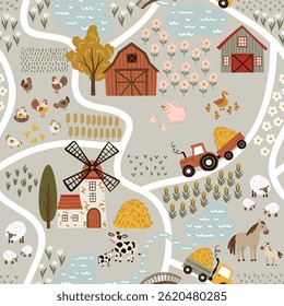 Seamless vector pattern in flat cartoon style. Features a playful farm scene with barn, shed, windmill, tractor, cows, horses, sheep, and trees. Isolated on white. Perfect for kids’ design and decor.