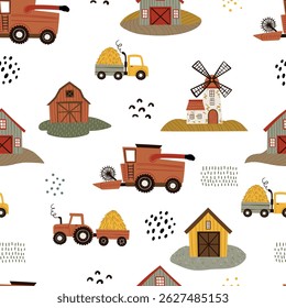 Seamless vector pattern in flat cartoon style. Farm scene with barn, shed, windmill, tractor, cows, horses, sheep, and trees on green background. Great for kids’ designs, textiles, and prints.