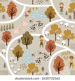 Seamless vector pattern in flat cartoon style. Playful farm scene with barn, shed, windmill, tractor, animals, and trees. Isolated on white. Perfect for kids’ products, fabric, and decor.