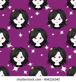 Seamless vector pattern. Flat cartoon vampire girl. Sweet, bright color. Kawaii smiling face expression. Perfect for textile, background, texture, fabric. Blue, green, violet, red 
