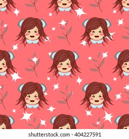Seamless vector pattern. Flat cartoon girl with brown hair. Sweet, bright color. Kawaii smiling face expression. Perfect for textile, background, texture, fabric. Blue, green, pink, red 
