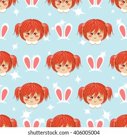 Seamless vector pattern. Flat cartoon girl with blonde hair. Sweet, bright color. Kawaii smiling face expression. Perfect for textile, background, texture, fabric. Blue, pink 