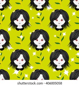 Seamless vector pattern. Flat cartoon vampire girl. Sweet, bright color. Kawaii smiling face expression. Perfect for textile, background, texture, fabric. Blue, green, violet, red 

