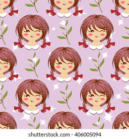 Seamless vector pattern. Flat cartoon girl with braids hair. Sweet, bright color. Kawaii smiling face expression. Perfect for textile, background, texture, fabric. Blue, green, pink, red 
