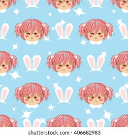 Seamless vector pattern. Flat cartoon girl with blonde hair. Sweet, bright color. Kawaii smiling face expression. Perfect for textile, background, texture, fabric. Blue, pink 