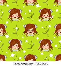 Seamless vector pattern. Flat cartoon girl with brown hair. Sweet, bright color. Kawaii smiling face expression. Perfect for textile, background, texture, fabric. Blue, green, pink, red 
