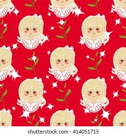 Seamless vector pattern. Flat cartoon girl with light blonde hair. Sweet, bright color. Kawaii smiling face expression. Perfect for textile, background, texture, fabric. Blue, green, yellow, red 
