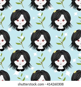 Seamless vector pattern. Flat cartoon vampire girl. Sweet, bright color. Kawaii smiling face expression. Perfect for textile, background, texture, fabric. Blue, green, violet, red 
