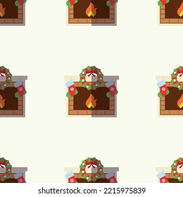 Seamless vector pattern of flat Christmas fireplace on light beige background for Christmas wrappers, postcards, textile, clothing etc. Christmas, New Year and holiday concept