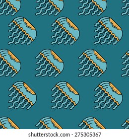 Seamless vector pattern with flat color design jellyfish on blue background.