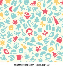 Seamless vector pattern with flat colorful christmas symbols and elements. Subtle blue, red and yellow festive items on light background. 