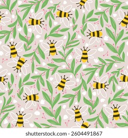 Seamless vector pattern with flat cute bees and floral elements. Hand-drawn nature background with flying honeybees, leaves, and pink flowers. Perfect for fabric, wrapping paper, and textile design.
