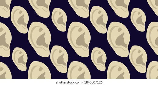 Seamless vector pattern of flat design human ear isolated on dark background. Vector illustration EPS10.
