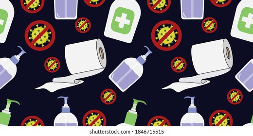 Seamless vector pattern of flat design Toilet Paper or toilet rolls, stop virus sign and Hand wash dispenser bottle isolated on dark blue background. Medicine creative concepts. vector eps10.

