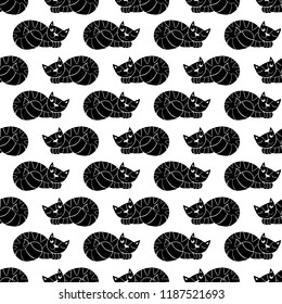 Seamless vector pattern with a flat simple stencil like illustration of a sleeping cat.