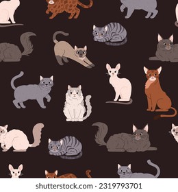 Seamless vector pattern of flat sitting or lying cute cartoon cats. British shorthair, Cornish rex, Burmese cat, Main coon, Bengal and other exotic breeds on brown background.