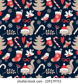 Seamless vector pattern in a flat style winter holidays. Christmas tree, candy canes, mittens, snowflakes, and other objects.