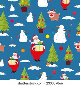 Seamless vector pattern in a flat style winter holidays. Christmas tree, candy canes, deer, snow and other objects.